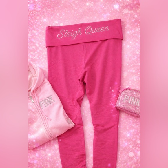 PINK Victoria's Secret Pants - Victoria’s Secret PINK Fold Over Rhinestone “Sleigh Queen” Leggings Y2K Pink